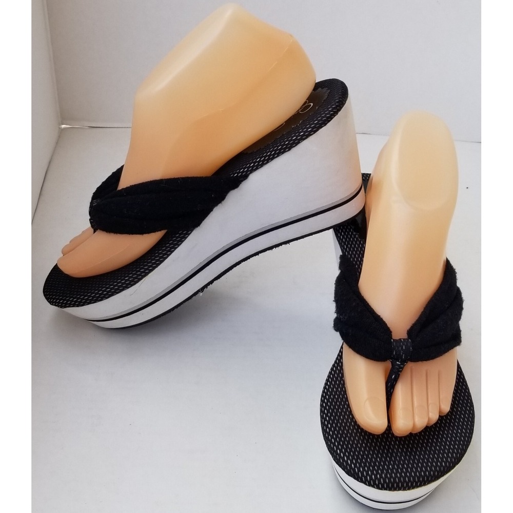 JESSICA SIMPSON Sandals Women 8 Black Wedge Platform Terry Cloth Thong Retro/Y2K